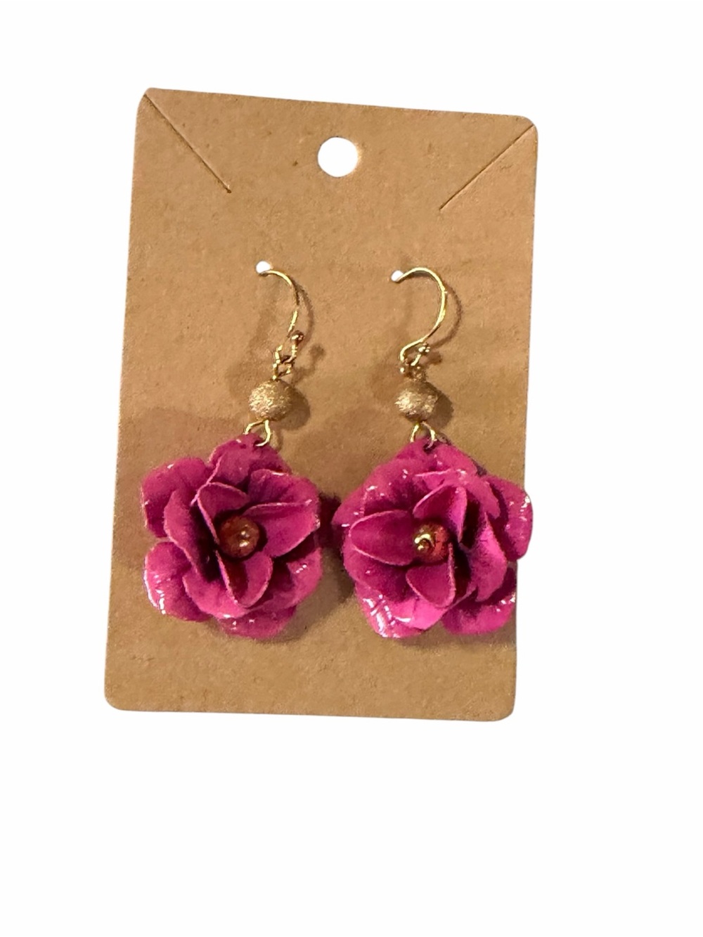Gold Hook Pink Floral Drop Earrings